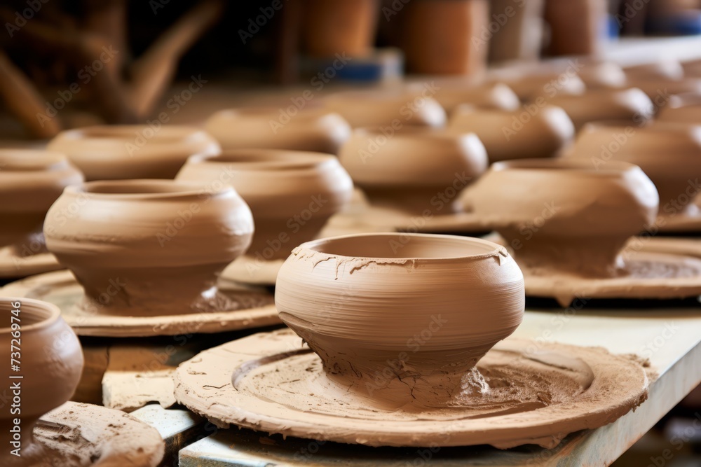 A potter's wheel with clay pots in the process of taking shape A potter's wheel with clay pots in the process of taking shape
