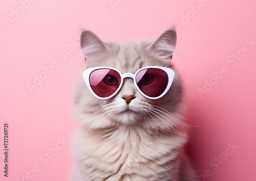 cat in pink glasses on pink background generative ai