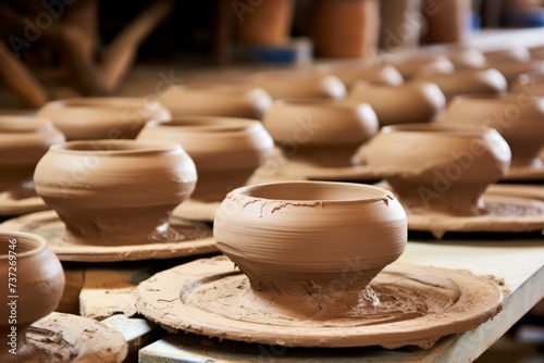 A potter's wheel with clay pots in the process of taking shape