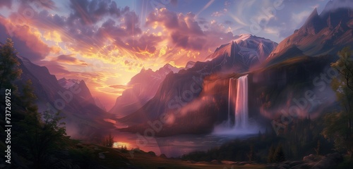 Against the canvas of a vivid mountain sunset, a pristine waterfall flows with elegance, its waters reflecting the warm hues of the descending sun, creating a breathtaking symphony of light and nature