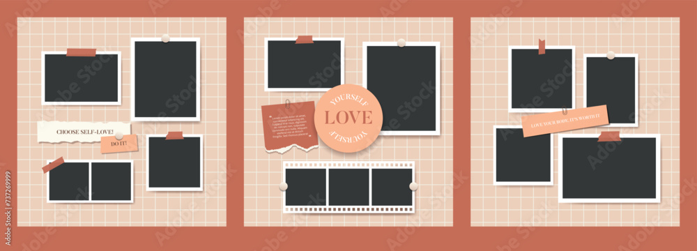 Polaroid  Blank photo frames collage vector set. Mood board template Self care