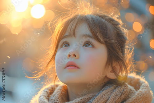Portrait of a cute little girl in the city at sunset.
