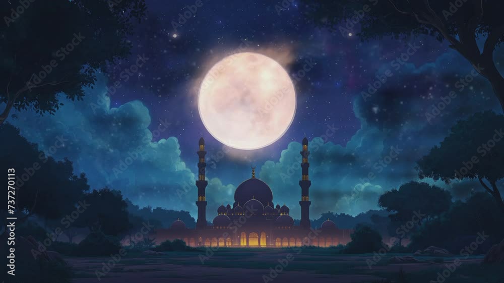 celebratory Islamic Ramadan style with mosque view of the moon in night sky celebratory Islamic Ramadan style with mosque view of the moon in night sky