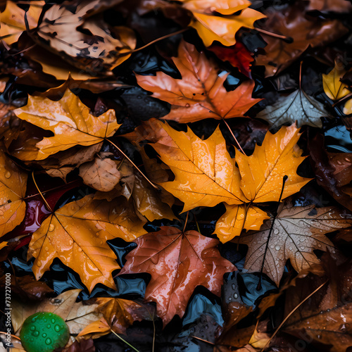Close-up of vibrant autumn leaves on a forest floor