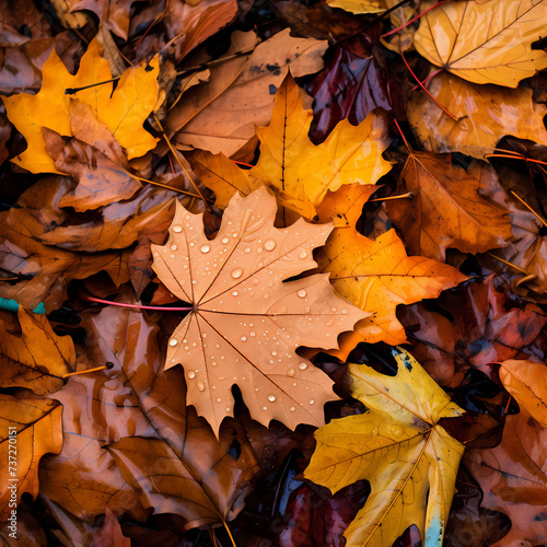 Close-up of vibrant autumn leaves on a forest floor