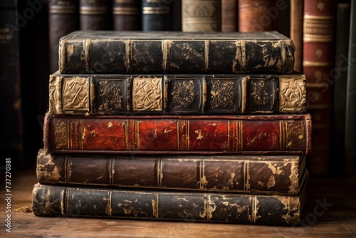 A stack of antique books with cracked leather bindings
