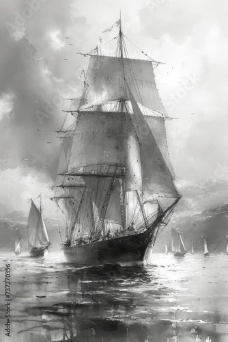Black and White Watercolor Painting of 3 Masted 19th Century Schooner in Port Anchored out in the Bay with Calm Summer Weather Side View created with Generative AI Technology