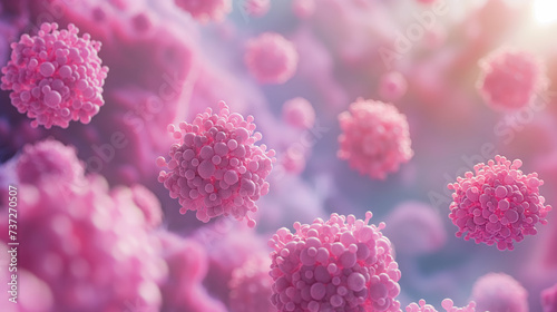 Pink cancer tumor cells representing breast cancer. Generative AI.