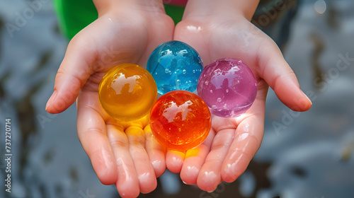 Colored balls of hydrogel in the child's palms. Sensory experiences, generative ai