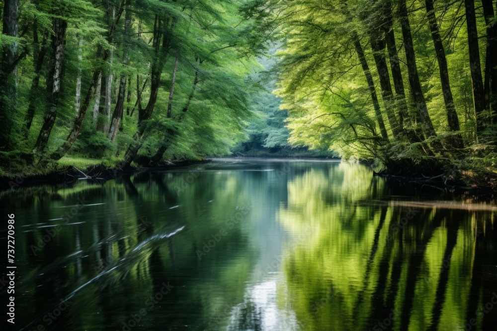 A tranquil reflection of a forest reflected in the calm waters of a river