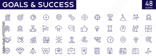 Goals & success icon set with fully editable stroke thin line vector illustration with process, planning, business development, achievement, handshake, aim, motivation, challenge, management, target.