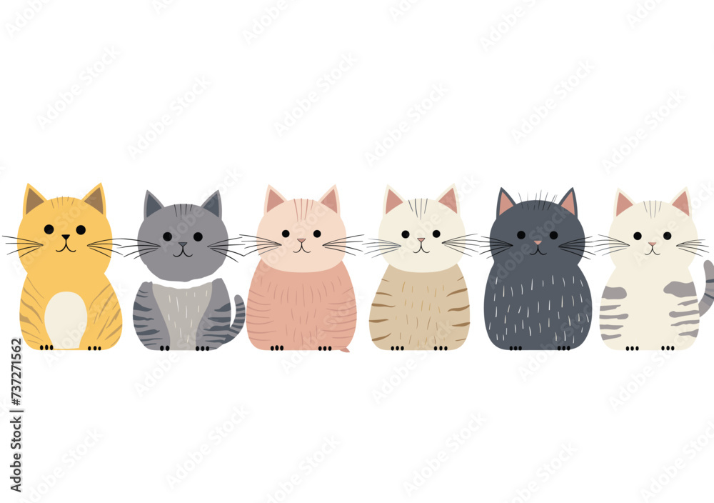 row colorful cartoon cats sitting side side vector illustration