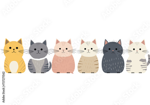 row colorful cartoon cats sitting side side vector illustration