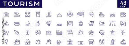 Tourism icon set with fully editable stroke thin line vector illustration with travelling, hotel, camping, luggage, vacations, summer, passport, beach, airplane, trip, leisure, entertainment, recreate