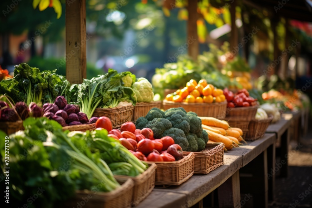 An organic image of a bustling farmers' market featuring a variety of organic fruits and vegetables