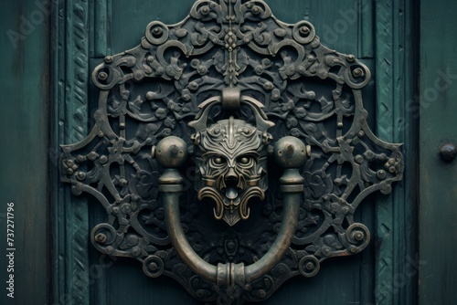 An ornate antique door knocker with intricate patterns