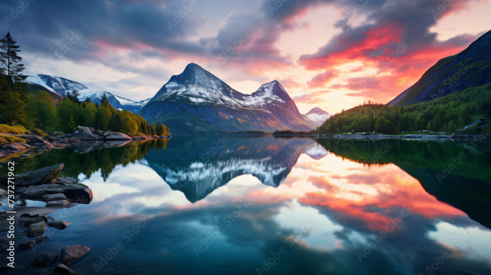  Calm sunrise on Norwegian fjord