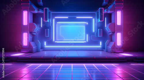 Vibrant glowing purple and blue neon laser on a futuristic scifi stage ,,
a neon light in blue glowing shape, in the style of bold minimalism, quadratura, hyper-realistic water, dark emeral
 photo