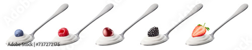 Set or collection with spoons of greek yogurt and fresh berries on white background