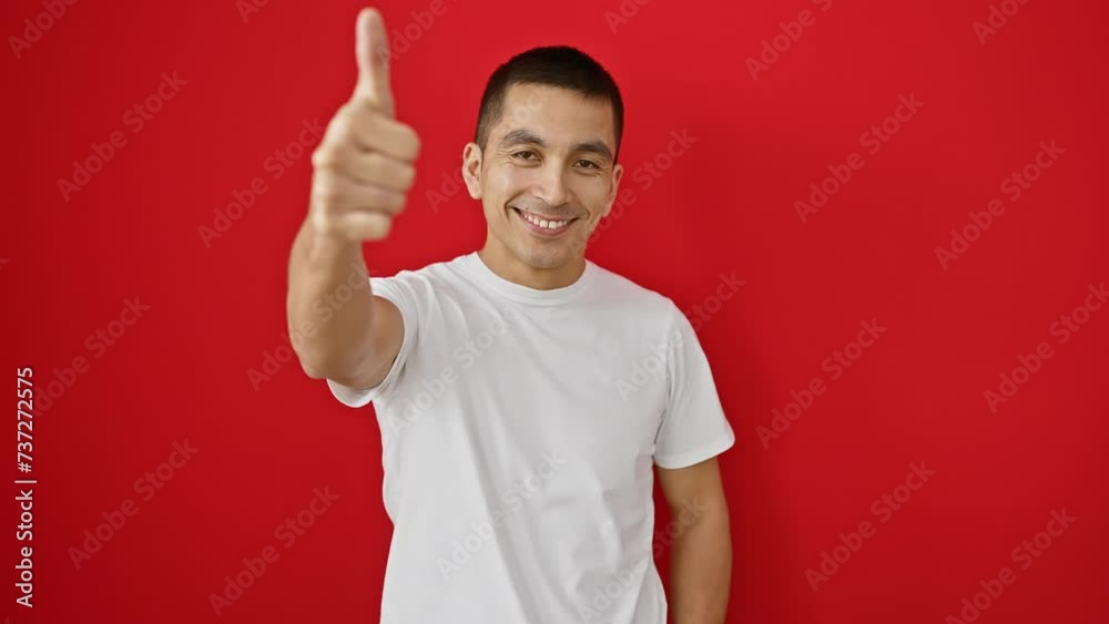 Cheerful young hispanic man gives thumbs up for excellent sign, radiating positively, isolated against a fiery red backdrop. portrait of a confident, smiling, jovial adult making an okay gesture. Cheerful young hispanic man gives thumbs up for excellent sign, radiating positively, isolated against a fiery red backdrop. portrait of a confident, smiling, jovial adult making an okay gesture.