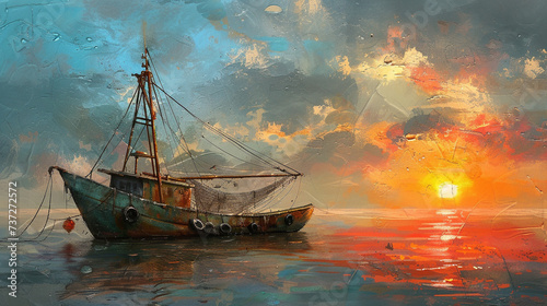 A rustic fishing boat at dawn nets cast into the calm sea capturing the first light of day photo