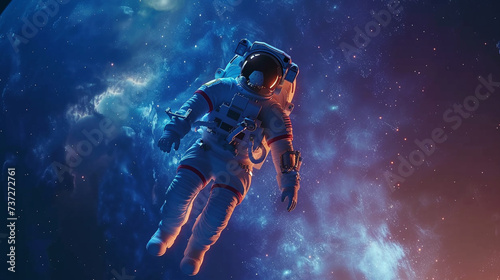 A young astronaut in a vibrant space suit floating gracefully among stars Earth visible in the distance