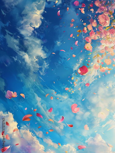 A whimsical scene where vibrant petals dance in the sky carried by a soft breeze symbolizing hope and renewal