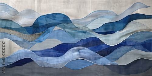 Wave-like patterns of blue textiles against a tranquil gray background.