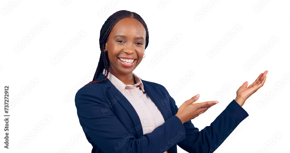 Business woman, marketing or portrait with pointing to announcement or information on promotion deal. African financial advisor, happy face or presentation or isolated on a transparent png background Business woman, marketing or portrait with pointing to announcement or information on promotion deal. African financial advisor, happy face or presentation or isolated on a transparent png background