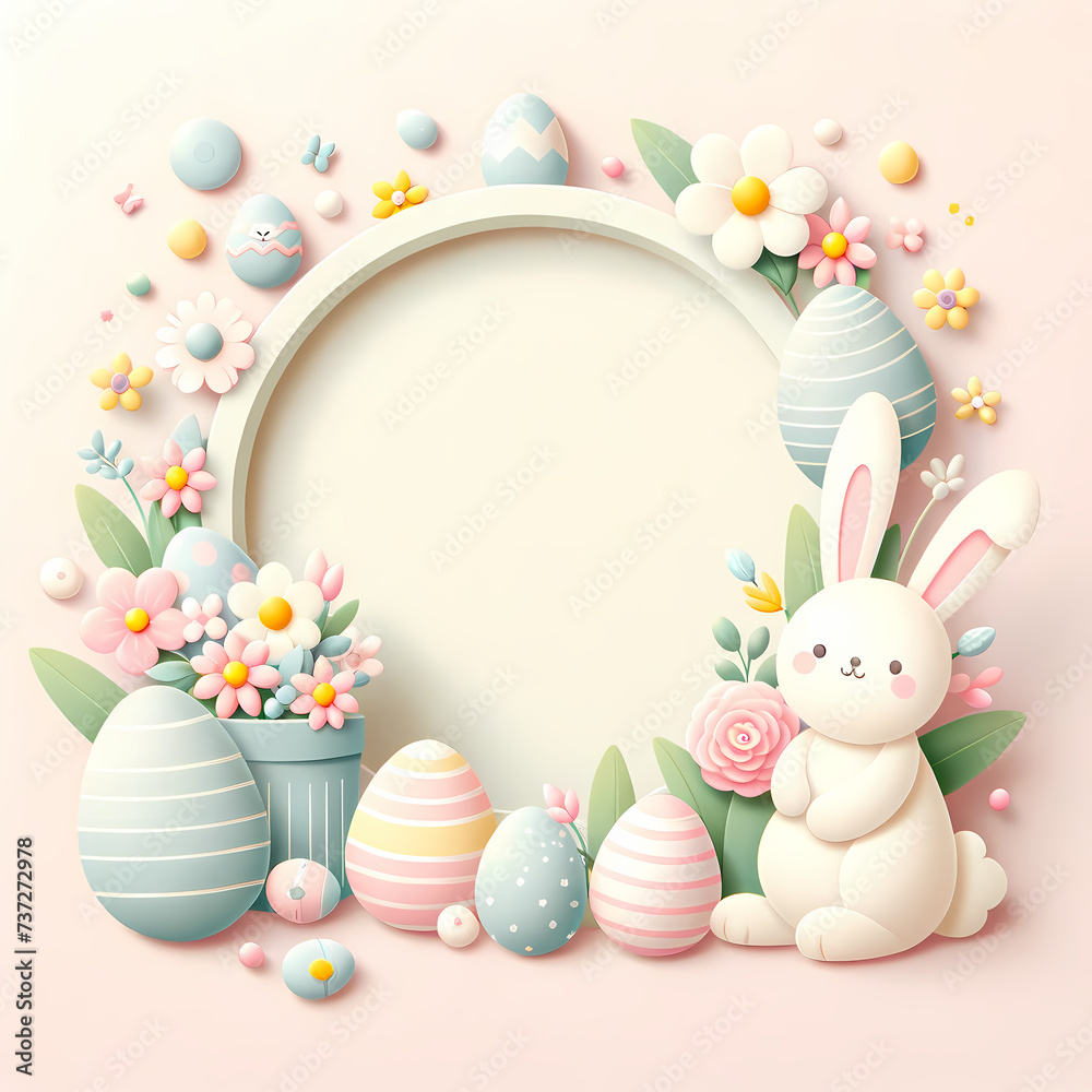 Colorful Easter Eggs and Curious Bunny