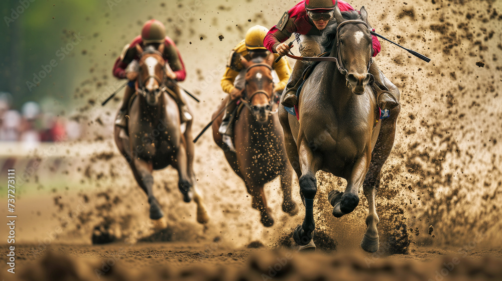 Leading the pack. A jockey and his Thoroughbred thunder down the track in front of the pack.Room for text or copy space
Leading the pack. A jockey and his Thoroughbred thunder down the track in front of the pack.Room for text or copy space