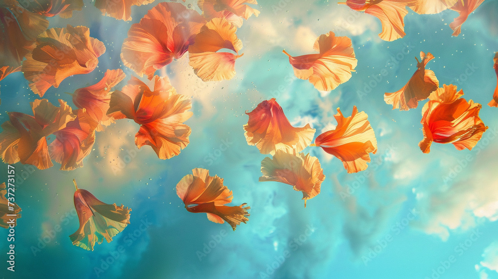 Delicate flower petals floating gently in the azure sky forming a colorful tapestry above a serene landscape Delicate flower petals floating gently in the azure sky forming a colorful tapestry above a serene landscape
