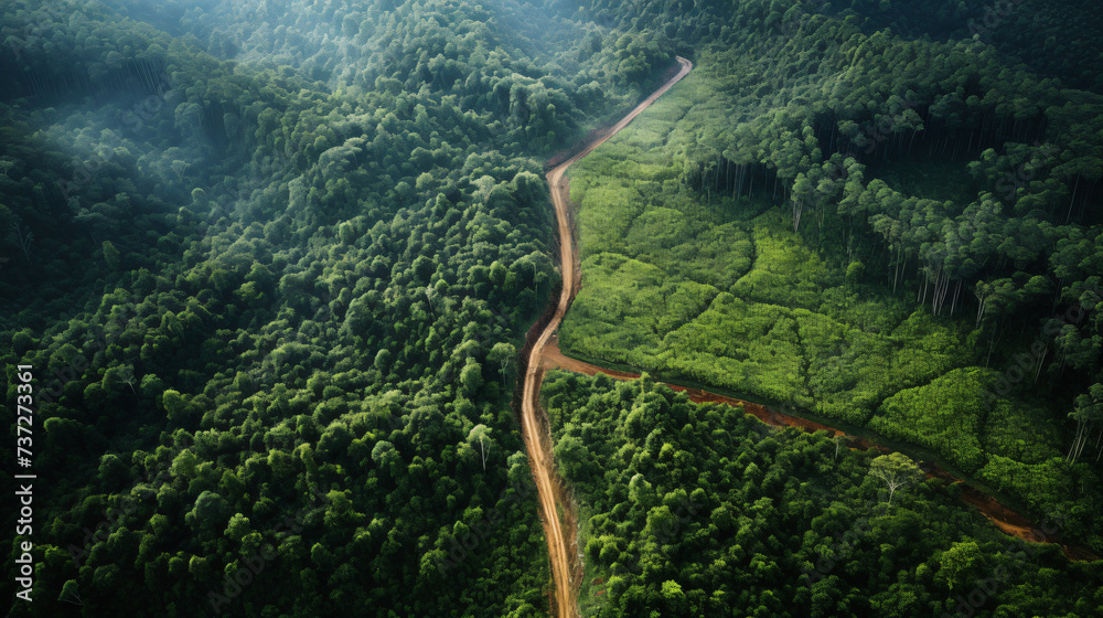 Deforestation. Aerial drone view of rainforest