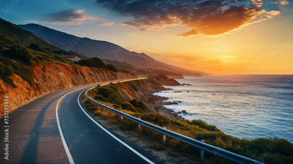 colorful road landscape at sunset in beautiful