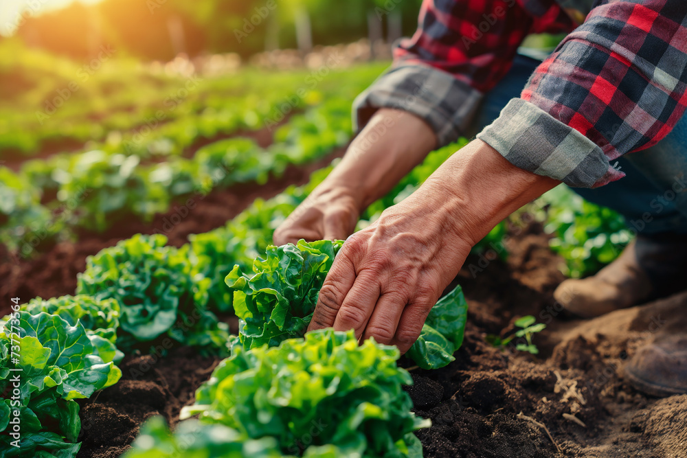 The farmer collects young vegetables in the garden.