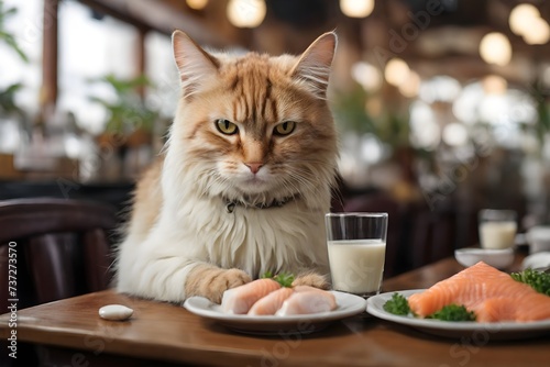 cat in restaurant with milk and raw fish
