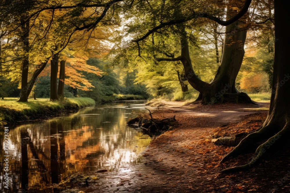 Leaves falling in a picturesque woodland setting