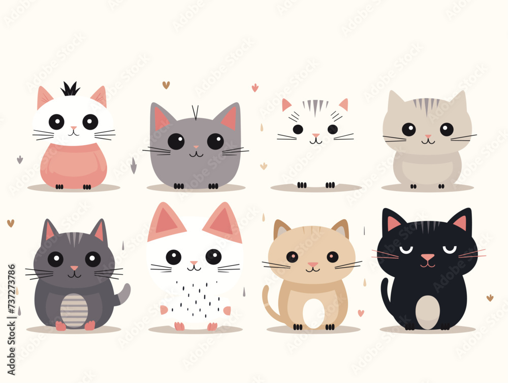 collection cute, stylized cats various colors poses vector illustration