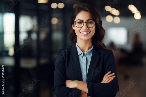 Successful latin business woman standing in modern office with copy space