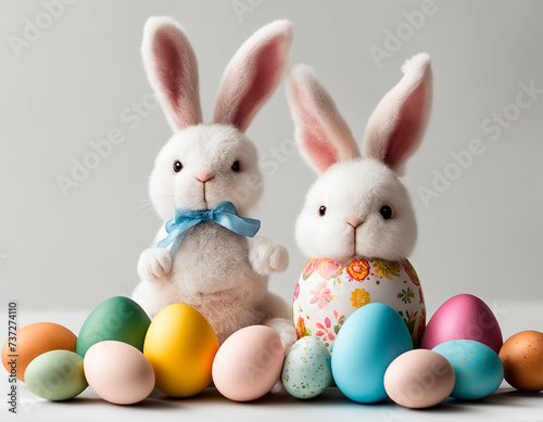easter eggs painted in pastel colors with two stuffed bunnies