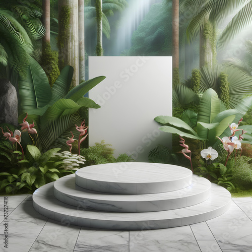 advertising podium empty white marble stone with tropical jungle flowers background