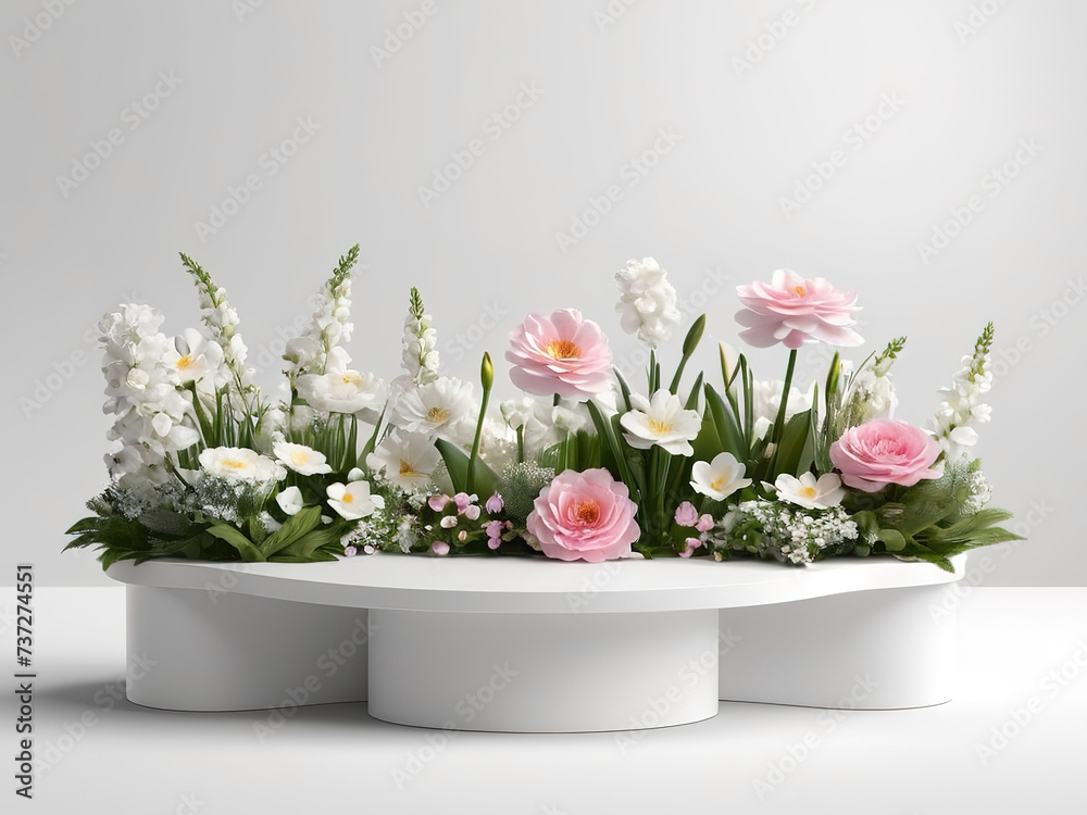 3d render of a white pedestal with spring flowers on white background