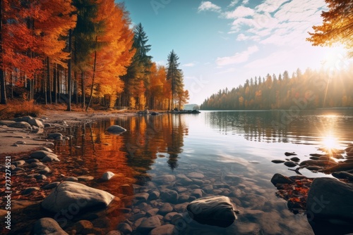 Scenic view of a lake surrounded by autumn trees © KerXing