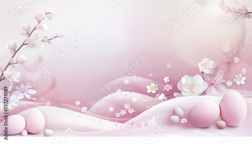 Creative Easter composition. Spring flowers, Easter egg and butterflies on pink banner. Easter card