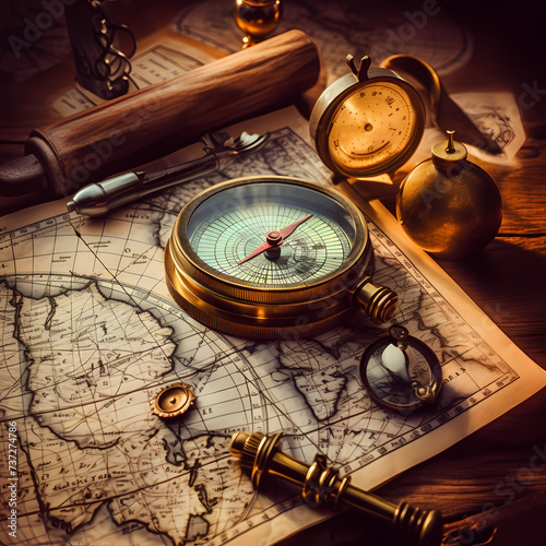 Vintage map with a compass, magnifying glass, and quill.