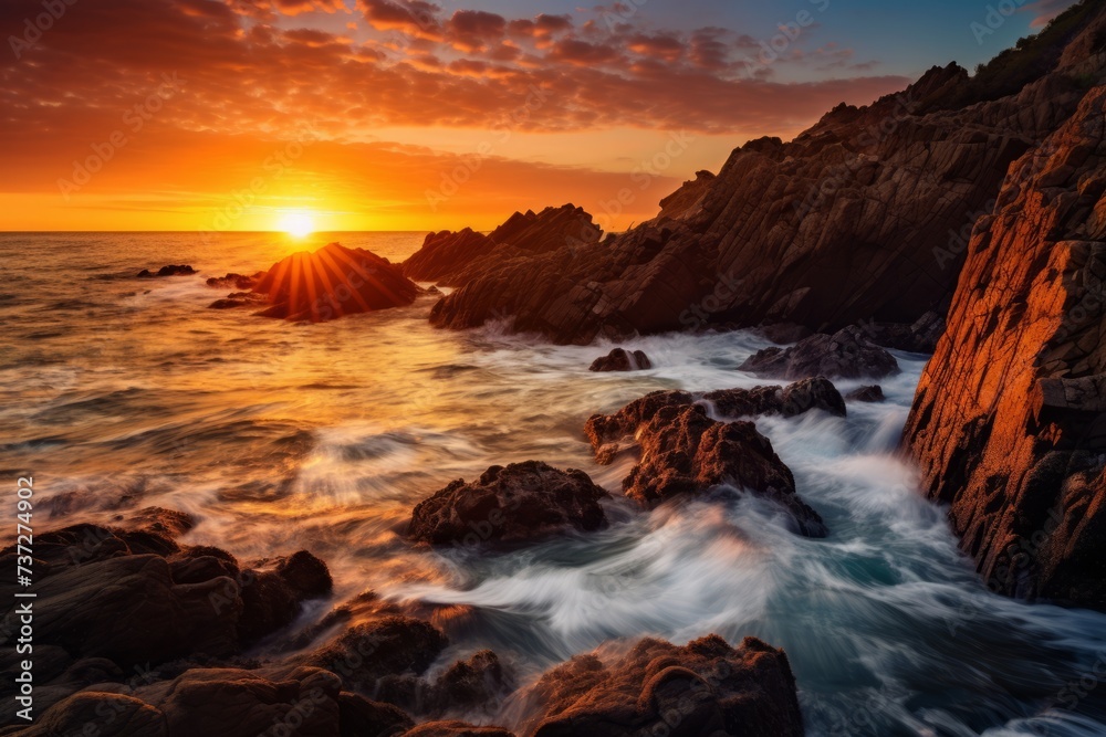 The sun rising behind a rocky coastline