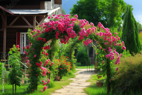 Beautiful rose garden with arch and gazebo in summer