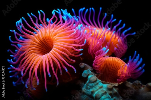 Vibrant coral polyps capturing tiny prey