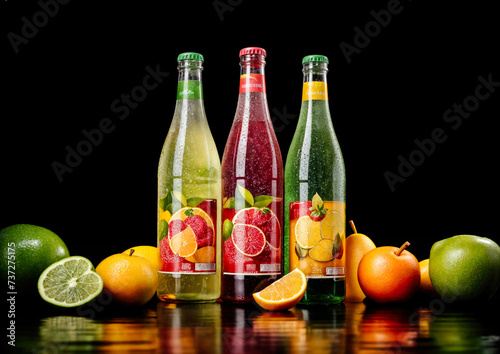 Bottles of fresh fruit juices on a black background. Studio shot.