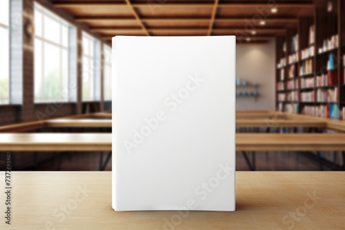 A blank book cover in a mock up library